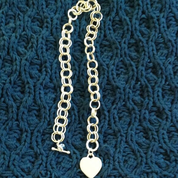 Silver Heart Chocker; Heavy, Toggle Clasp, Round Link, 17" long, Classic, Boho - Picture 2 of 5